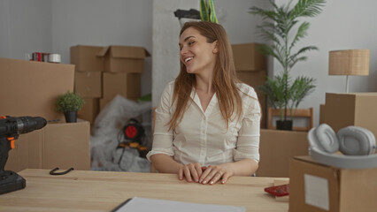 Fototapeta premium Woman sits at wooden table among brown cardboard boxes and potted plant and pumps fist inside building; celebration.