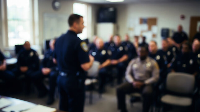 Blurred photo of a police chief giving a briefing to a group of officers in a room