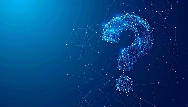 Futuristic glowing question mark with plexus lines connected dots and lines on blue background. for creative thinking idea and problem solving concept. 