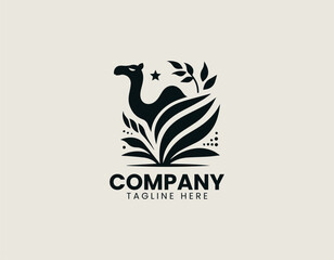 Obraz premium Camel silhouette with leaf grass and star elements is presented as bold monochrome vector logo on clean white background