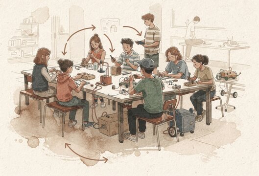 Collaborative innovation in a creative workshop where children engage in hands on STEM activities fostering teamwork and problem solving skills through playful exploration