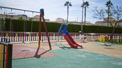 Playground scene softly defocused with colorful slide, swings and surrounding fence in a park; background backdrop copyspace calm.