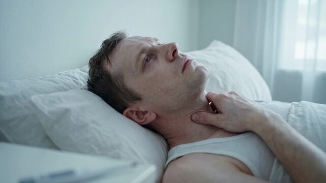 Sick man with fever lying in bed touching his sore throat. Sweaty male patient suffering from flu symptoms and high temperature. Illness and healthcare concept