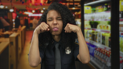 Fototapeta premium Young hispanic police officer in dark blue uniform with badge pressing fists against eyes in building corridor beside refrigerated display; sadness.