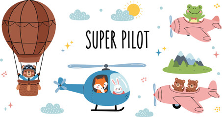 Cute Super Pilot Animals Adventure Collection with Hot Air Balloon Helicopter Airplane and Cartoon Sky Elements Vector © MdAbuSayed