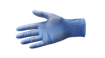 Blue latex glove on hand in medical gesture with soft blue lighting on white background for healthcare advertising