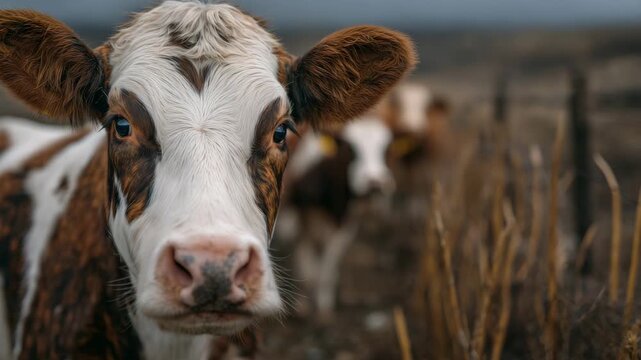 31Faceless cows clustered in rural pasture, farmer providing feed in winter conditions, muted countryside colors, responsible livestock raising and animal welfare concept