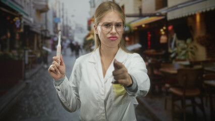 Woman dentist in white coat holds electric toothbrush upright with hand on hip and stern expression on street  oral health disapproval. © Krakenimages.com