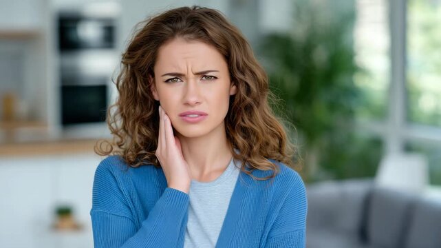 32Faceless young woman experiencing urgent tooth pain in home setting, standing still with hand on jaw, quiet interior space, soft natural light, clear visual narrative of dental eme