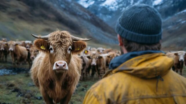 38Faceless cattle standing in outdoor pasture, farmer working with livestock in winter season, natural countryside landscape, sustainable farming and animal care concept with copy sp