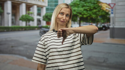 Fototapeta premium Woman in striped shirt gives thumbs down gesture on a city street beside building columns and parked scooter; disapproval judgment skepticism.