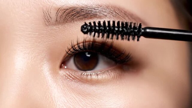 Closeup of a woman applying black mascara to her eyelashes with a mascara wand enhancing her eye makeup for a beautiful look.