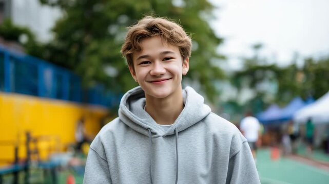 42Faceless teenage boy smiling in a recreational athletics space, outdoor sports field with trees and equipment blurred, clear daylight, relaxed and joyful mood, youth lifestyle imag
