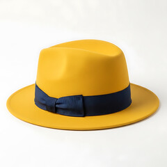 Fototapeta premium A stylish yellow fedora hat with a blue patterned band for a fashionable look isolated on white background