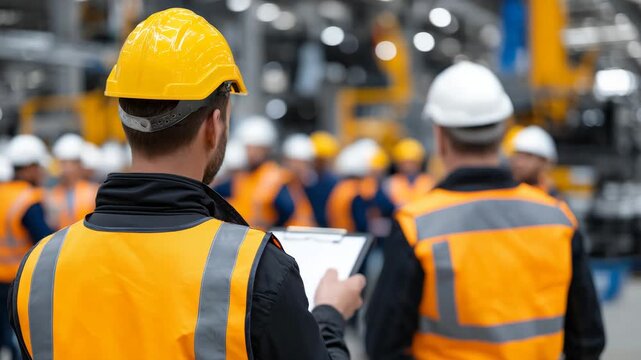 48Construction site team meeting with faceless workers, workplace assembly focused on safety and task distribution, helmets and protective clothing visible, industrial background wit