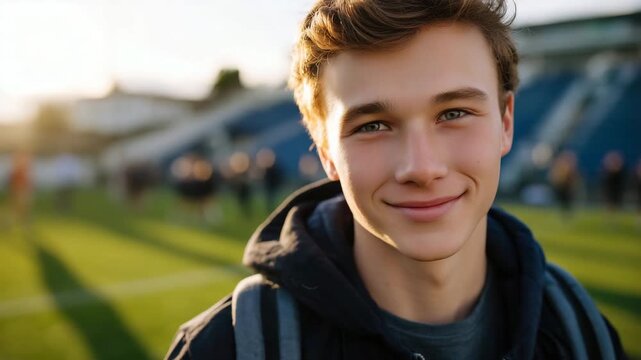 48Faceless adolescent boy smiling at an outdoor sporting field, casual sportswear, warm sunlight illuminating shoulders, green field and distant bleachers softly blurred, positive yo