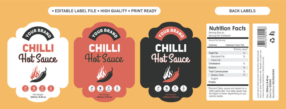 Chilli Sauce labels set design, nutritional facts table ingredients recipe, Bottle label stickers design,  homemade thick barbeque spicy Chilli sauce ketchup label design vector illustration set
