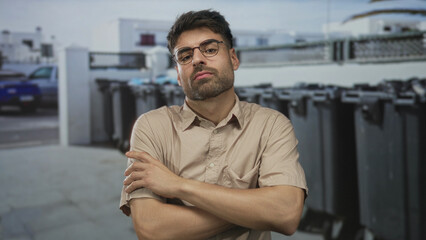 Man crosses his arms in a visible gesture on an urban street lined with large recycling containers;...