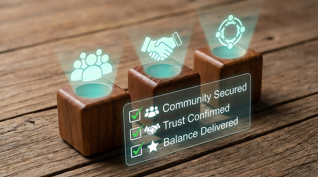 Three wooden blocks with glowing icons on a wooden surface representing community trust and balance concepts