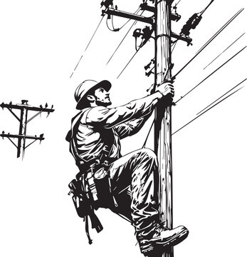 Utility worker climbing pole with safety gear electrical telecommunications infrastructure profession vector illustration design