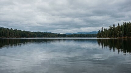 A serene lake surrounded by evergreen trees and mountains under a cloudy sky