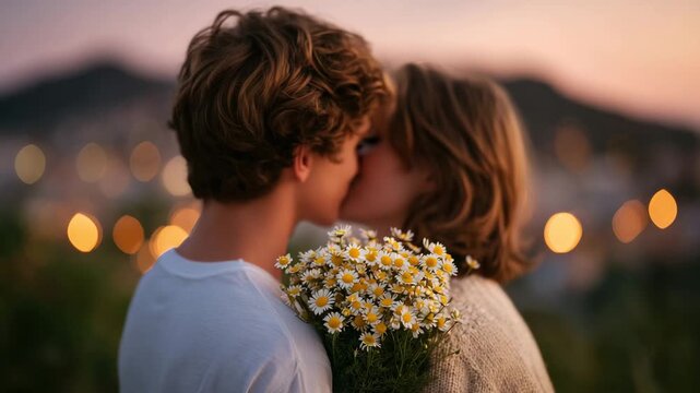 75Tender romantic moment with faceless man hiding flowers behind his back, girlfriend facing away unaware, warm evening light, emotional connection and affection conveyed through bod