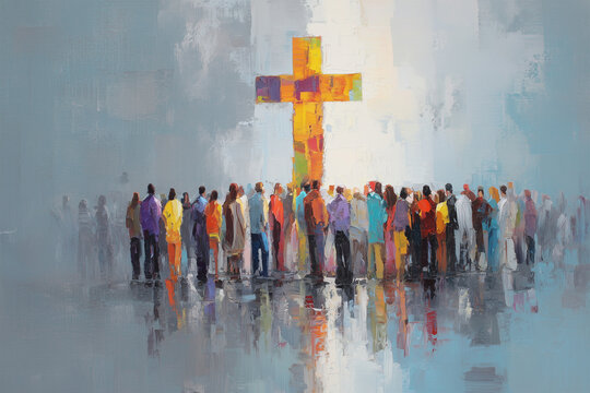 Many People Gathered Around the Cross, Christian Faith Concept in Modern Painting Style