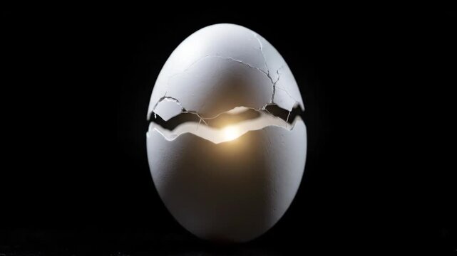 A cracked egg with glowing contents is centered against a dark background, viewed from a straightforward perspective.