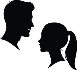 Romantic couple profile silhouette illustration, man and woman facing each other in black vector design isolated on white background for love and relationship concept © Munni