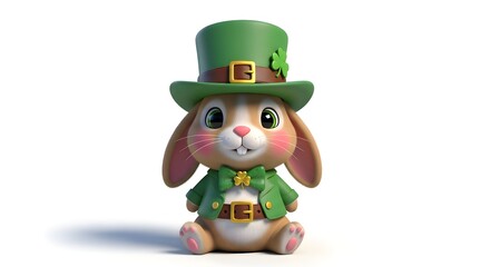 Fototapeta premium A cute cartoon bunny wearing a green hat and st patrick's day attire sitting on a white background with a cheerful expression