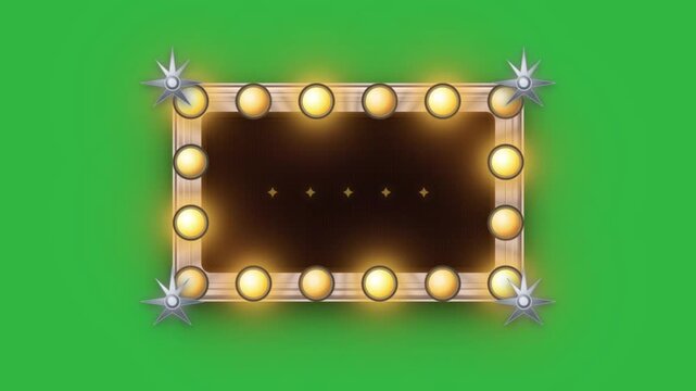 Glamorous gold Hollywood marquee with glowing bulbs and silver stars on the corners. Art Deco style animated frame with a dark center on a green screen, perfect for awards, premieres, and events