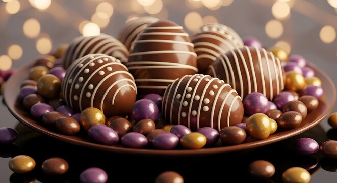 Chocolate easter eggs and assorted candy on a plate with bokeh background