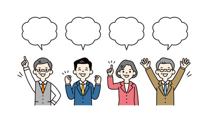吹き出しと、元気な複数の中高年男女の社長・経営者・投資家の上半身ベクターイラスト素材セット