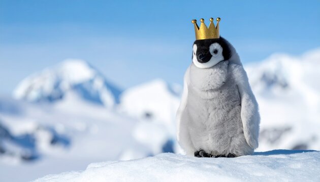 Adorable penguin chick wearing a golden crown in a snowy landscape.