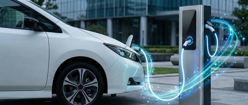 Electric vehicle charging action urban environment digital content modern infrastructure futuristic viewpoint sustainable transportation concept