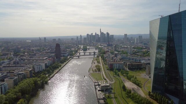 Drone Flight Past Frankfurt Skyline Germany
