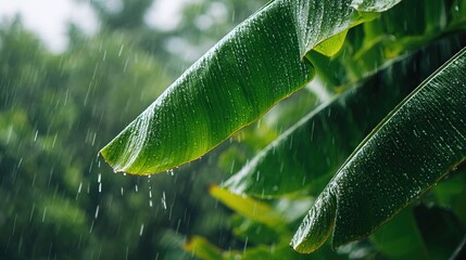 rhythmically. Raindrops falling on banana leaves creating natural percussion, green foliage background. ESG reports, sustainability campaigns, designed for environmental awareness campaigns.