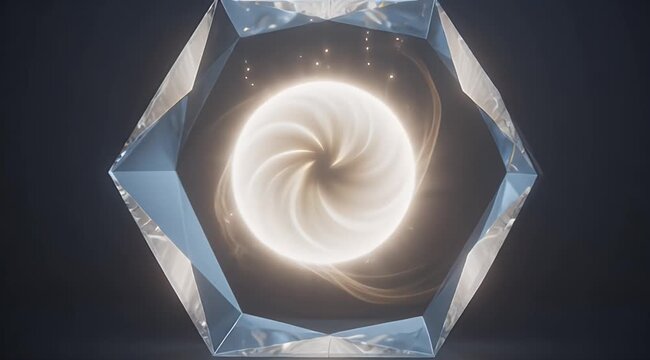Abstract glowing orb with swirling light patterns encased in a hexagonal prism