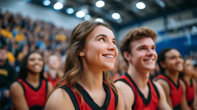 326Cheerleaders in red and black uniforms sitting closely together, smiling faceless faces visible from side, cheering for basketball players, defocused gymnasium and crowd in backgro