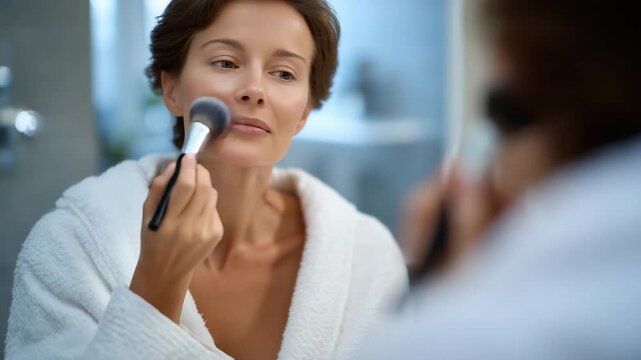 336Faceless woman in front of mirror applying blush, close-up on brush contact with skin, personal grooming and makeup artistry, defocused modern bathroom or vanity with copy space