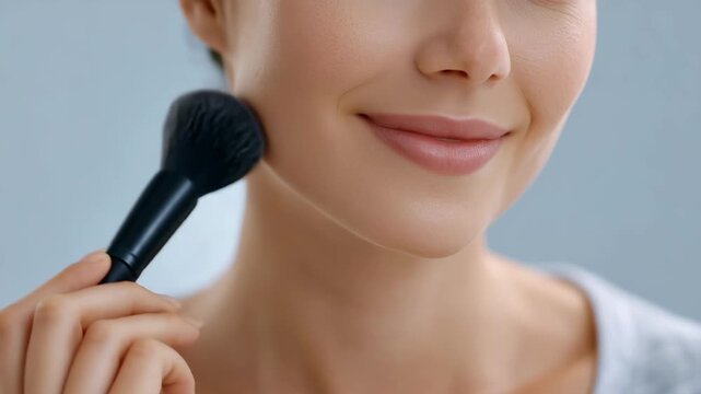 340Close-up of faceless woman holding blush brush to face, gentle application of cosmetics, makeup artistry and beauty care visualization, defocused modern vanity background with copy