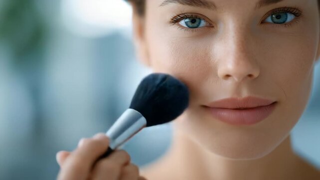 346Cosmetic application close-up, faceless female using blush brush, soft lighting highlighting cheek area, beauty routine and facial color enhancement, defocused background with copy