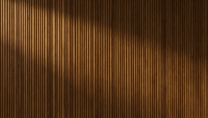 Obraz premium Elegant vertical wood slat wall with dappled sunlight creating a serene and sophisticated background texture, perfect for modern interior design concepts