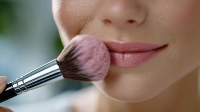 351Close-up of faceless female applying pink blush, precise brush technique, facial color enhancement and makeup artistry, defocused soft background for stock photography with copy sp