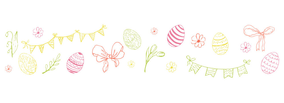 Easter whimsical border, pattern ornament with eater eggs, coquette bows, garland, cute spring flowers. Horizontal hand drawn sketch decoration, festive banner, greeting. 