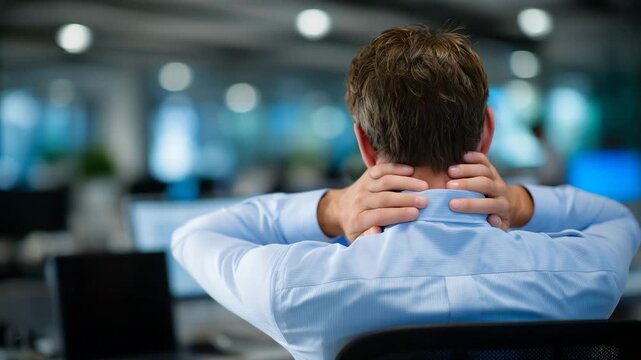 377Close-up of hands pressing back of faceless employee, showing office syndrome symptoms, long-term sitting discomfort, workplace health visualization, defocused corporate office beh