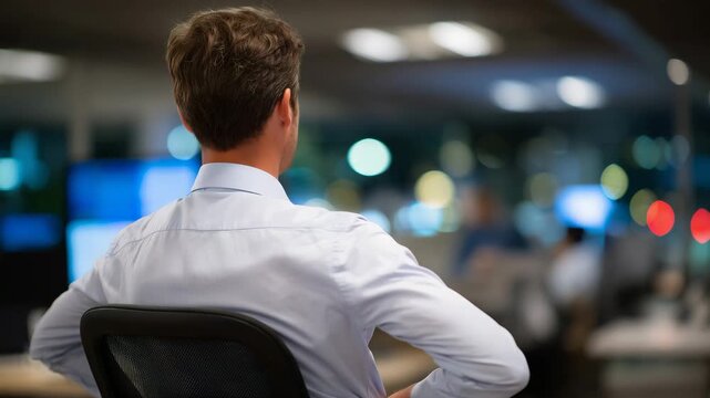 385Faceless office employee with back pain, seated at workstation, workplace health issue and ergonomic concern, prolonged sitting symptom, blurred corporate environment with copy spa