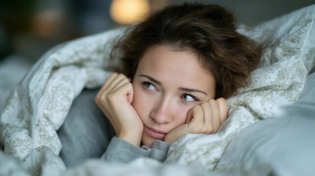 392Overhead view of faceless woman lying in bed, eyes open and hands near face, insomnia and sleep disorder condition, rest difficulty visualization, defocused bedroom background with
