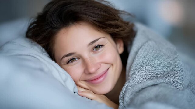 395Faceless woman lying under blanket with open eyes, hands near pillow, insomnia and rest difficulty awareness, health condition visualization, soft defocused bedroom background with