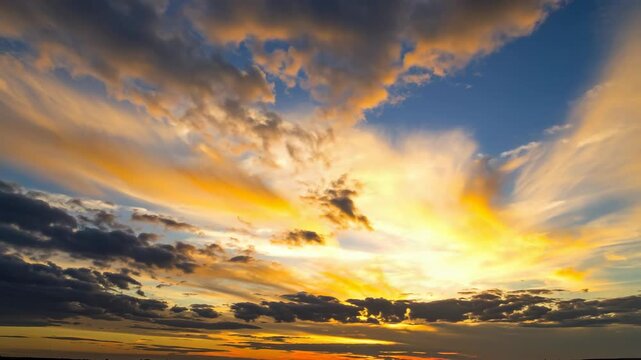 Vibrant golden hour sky with dramatic sun rays illuminating fluffy orange and blue clouds at sunset